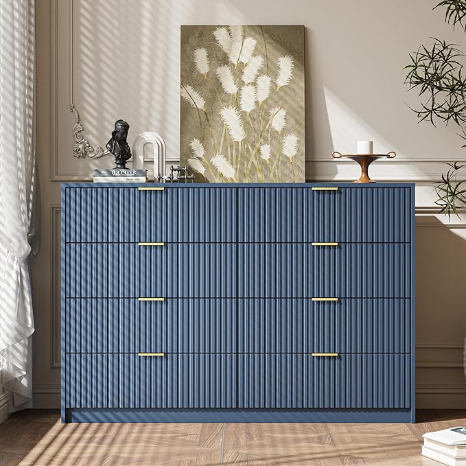 Navy Dresser for Bedroom, 8 Drawer Double Dresser, Modern Chest of Drawers for Bedroom, Living Room, Entryway and Closet, 55" L x 15.7" D x 37.4" H