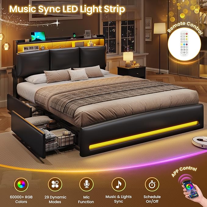 VIAGDO Queen Bed Frame with Storage Headboard and Charging Station, Leather Upholstered Bed Frame Queen Size with 4 Drawers and LED Lights, Type C and USB, No Box Spring Needed, Black