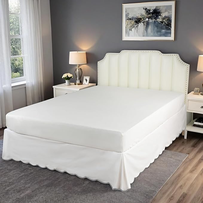 HIG Off White Chic Queen Bed Skirt - Easy Fit Scallop Edge Pleated Bedskirts, 14 Inch Drop Anti-Slip Dust Ruffle, Thick Fabric for Enhanced Privacy, Pre-Washed for Long-Lasting Use(N60022)