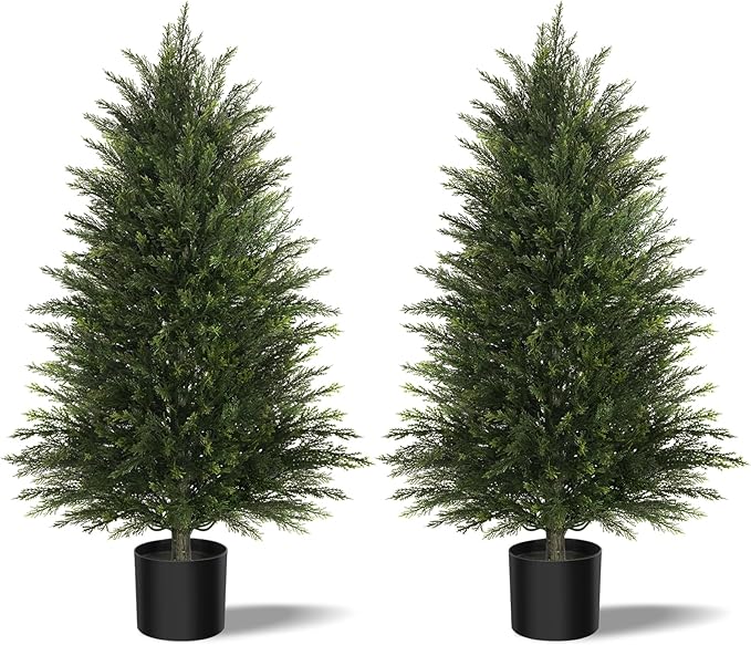 Mavis's Diary Artificial Topiary Ball Tree, Indoor Realistic Faux Boxwood Bush Potted Plants, Outdoor Fake Shrubs Cedar Evergreen Plants for Home Living Room Front Porch Decor (2, 4ft)