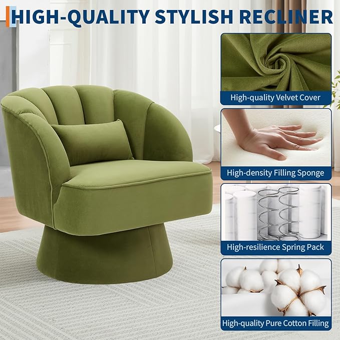 GarveeHome Modern Swivel Barrel Accent Chair, 360 Degree Velvet Upholstered Armchair with Striped Backrest & Plush Padding, Comfy Round Lounge Chair for Living Room, Bedroom, Reading Nook, Green