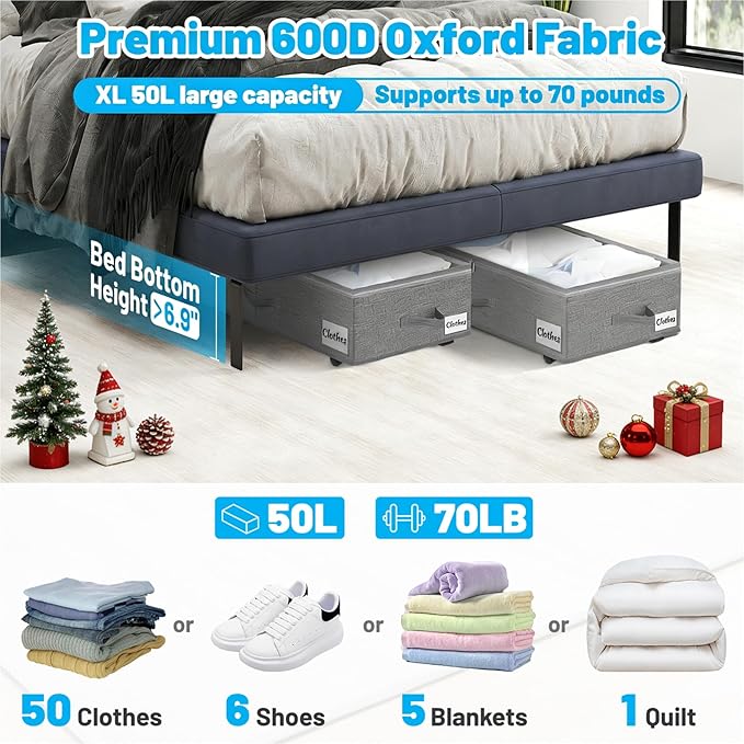 Under Bed Storage with Wheels, 2-Pack 6.7" Height XL 50L Rolling Storage Bins, Quick Assembly Underbed Shoe Storage Containers with Clear Lid & Label, Dorm Under bed Drawers for Clothes, Shoes, Grey