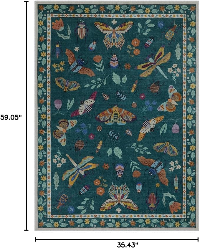 Lahome Insect Washable Small Area Rug, 3x5 Area Rug for Bedroom Living Room, Non-Slip Soft Accent Throw Carpet for Kitchen Office Entryway Bathroom Office, Dark Green