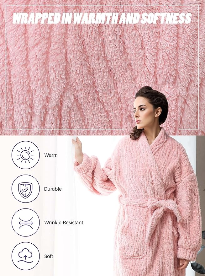 Artfasion Womens Long Fleece Robe - Warm Soft Floor Length Flannel Bathrobes for Winter Thicker Long House Coat with Pockets