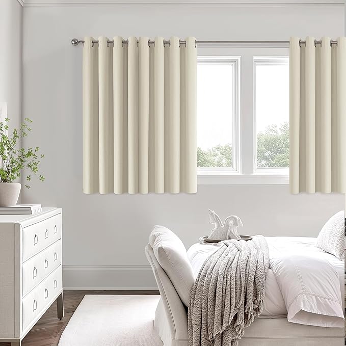 ChrisDowa 100% Blackout Birch Solid Curtains 45 Inches Long 2 Panels for Bedroom Living Room,Farmhouse Room Darkening Thermal Insulated Soundproof Grommet Top Window Treatment Drapes,52x45