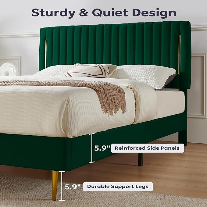 Queen Platform Bed Frame, Velvet Upholstered Bedframe with Vertical Channel Adjustable Headboard, Golden Plating Trim, Mattress Foundation with Wooden Slats, No Box Spring Needed, Green