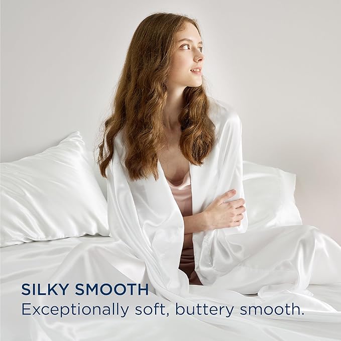Bedsure White Satin Sheets Queen Size - 4 Piece Silky Bedsheets with 15 Inches Deep Pocket Fitted Bedsheet,1 Flat Sheet, 2 Satin Pillowcases, Good for Hair & Skin (Queen, White)