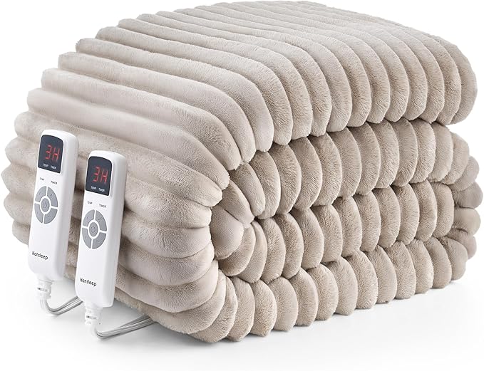 Hansleep Heated Blanket Queen Size Electric Throw Dual Control, Heating Blanket with 9 Heating Levels and 10-Hour Timer Auto Shut Off, Washable Soft Warm Winter Blanket, 80 x 90 Inches, Linen