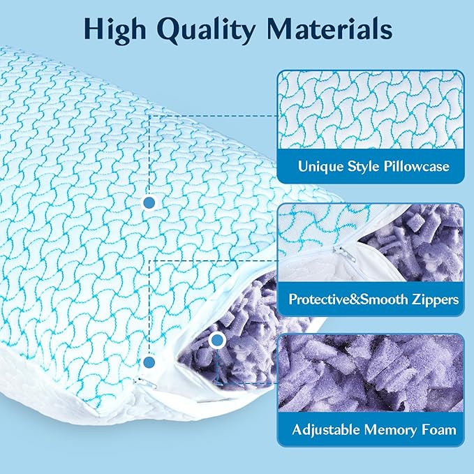 Shredded Memory Foam Pillows Queen Size Set of 2, Adjustable Memory Foam Pillows 2 Pack, Cooling Bed Pillow for Side Back and Stomach Sleepers for Neck and Shoulder Pain relief Cool Pillow