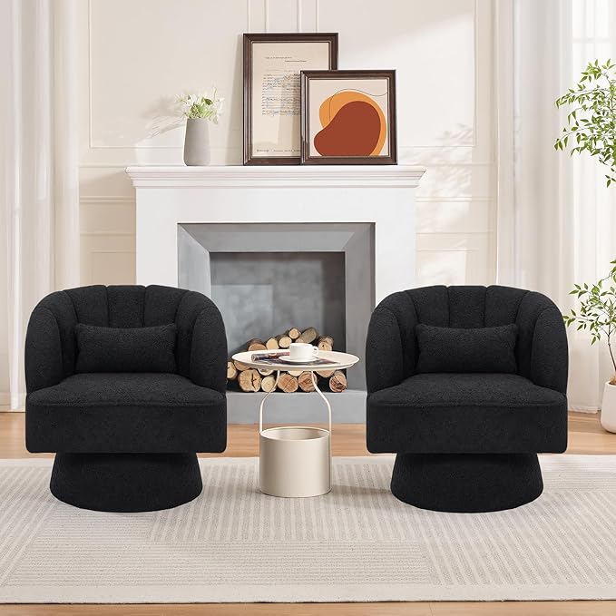 GarveeHome Modern Swivel Barrel Accent Chair, 360° Teddy Fabric Upholstered Armchair with Striped Backrest & Plush Padding, Comfy Round Lounge Chair for Living Room, Bedroom, Reading Nook, Black 2 PCS