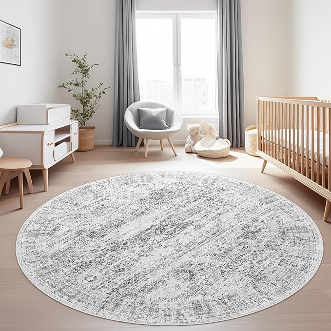 8x8 Grey Round Rug 8ft Living Room Circle Rug Vintage Round Area Rug Non Slip Indoor Carpet for Apartment