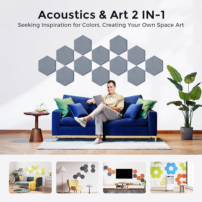 Pro-Level Self Adhesive Acoustic Panels,2nd Generation Sound Absorbing Panel,Soundproof Wall Panels,Sound Dampening Panels,Polyester Foam Reducing Noise and Echoes,Moonlight Grey (HEXAGON 07)