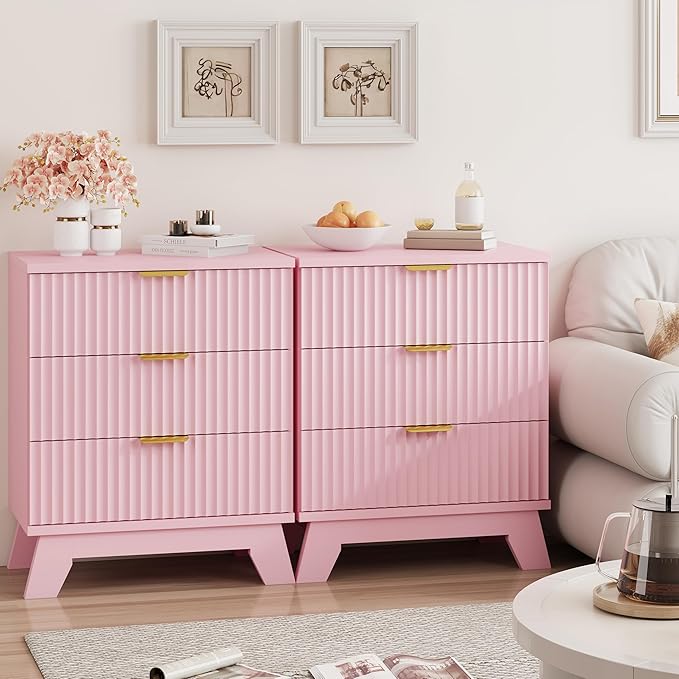 Fluted Nightstand, 24" Wide Side Table with 3 Large Storage Drawers, Mid Century Modern Wood Night Stand with Metal Handle, Wooden Bedside End Table for Bedroom, Living Room, Closet, Pink