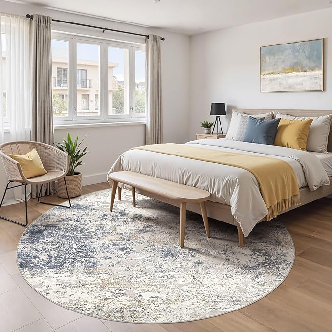 8ft Round Area Rug Living Room Rugs - 8x8 Washable Large Soft Indoor Neutral Modern Abstract Low Pile Rug Carpet for Bedroom Dining Room Farmhouse Home Office - Beige Blue