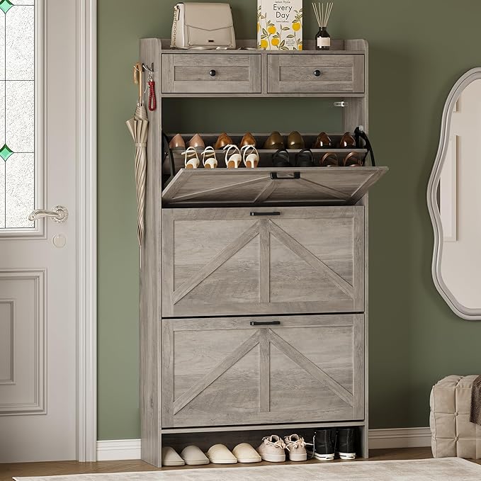 Shoe Storage Cabinet for Entryway, Farmhouse Narrow Shoe Cabinet with 3 Flip Drawers & 2 Top Drawers, Adjustable Shelves & Hooks, Freestanding Hidden Rack Organizer for Hallway, Foyer