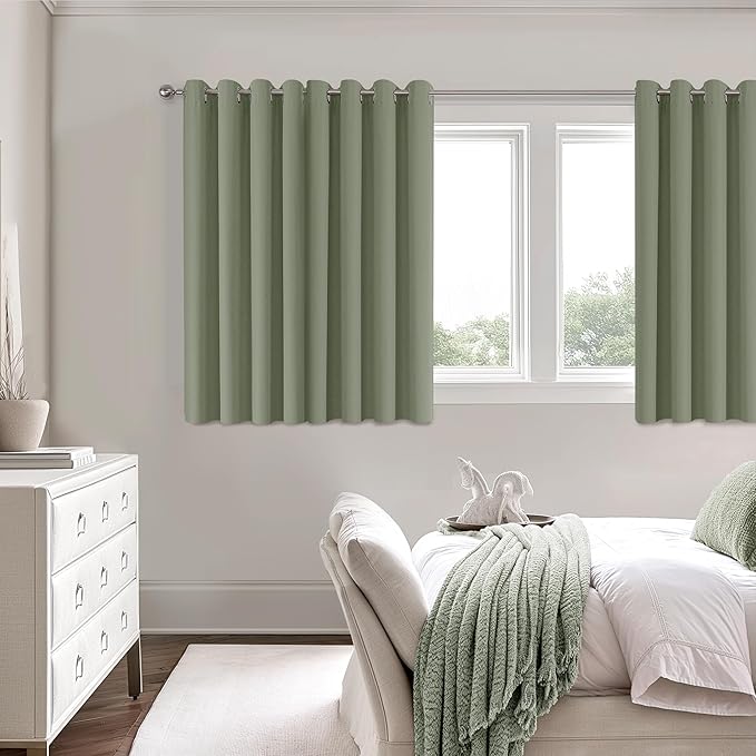 ChrisDowa 100% Blackout sage Solid Curtains 45 Inches Long 2 Panels for Bedroom Living Room,Farmhouse Room Darkening Thermal Insulated Soundproof Grommet Top Window Treatment Drapes,52x45