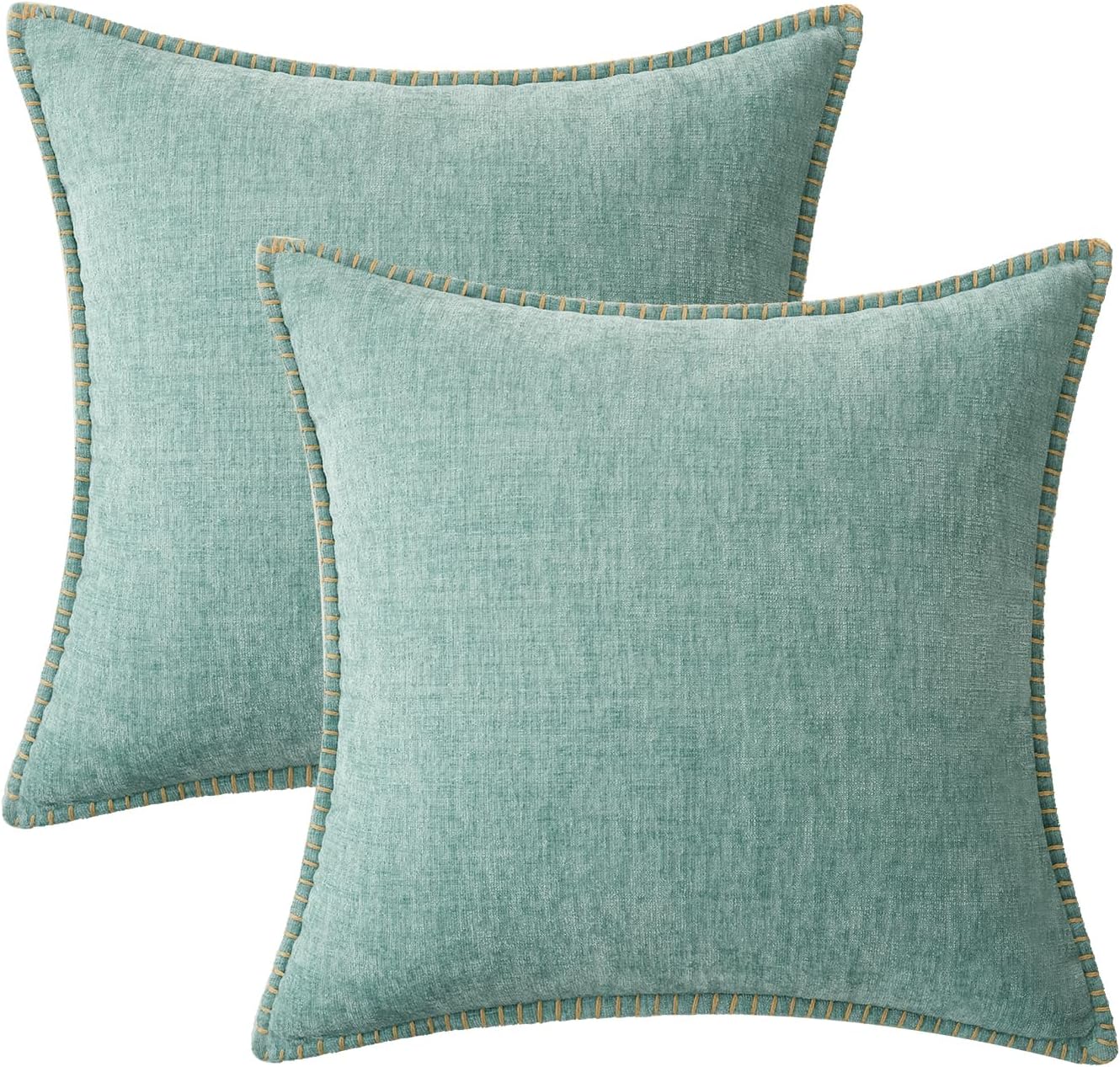 MIULEE Pack of 2 Couch Throw Pillow Covers 16x16 Inch Aqua Green Farmhouse Decorative Pillow Covers with Stitched Edge Soft Chenille Solid Dyed Spring Pillow Covers for Sofa Bed Living Room
