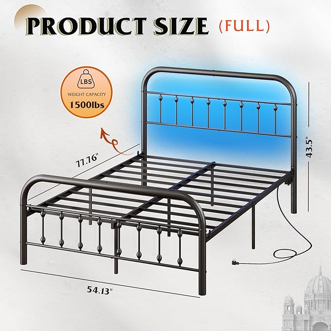 WLIVE Metal Platform Bed Frame, Full Size Bed Frame with Headboard, Bed Frames with LED Lights and Charging Station, 1500LBS Mattress Foundation, Under Bed Storage, No Box Spring Needed, Black