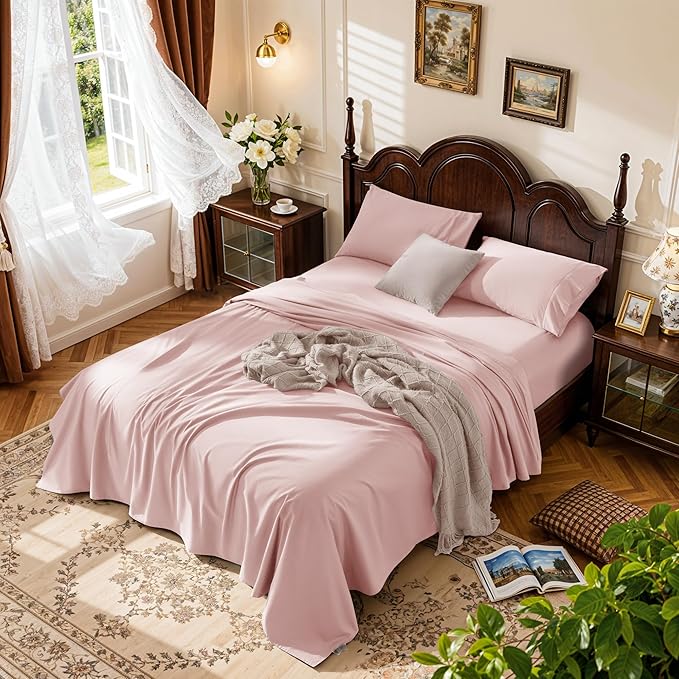 LBRO2M 1000 Thread Count 100% Egyptian Cotton Sheets Set Full Size, 4 Piece Sets Deep Pocket Sheet Set 16" Soft Comfortable All Season (Full, Pink)