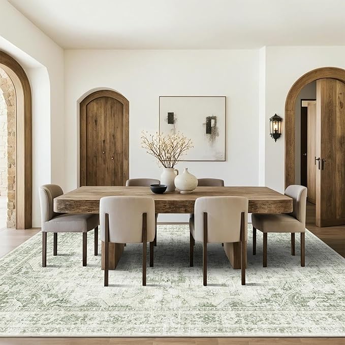 9x12 Vintage Washable Area Rugs Boho Medallion Large Distressed Retro Accent Carpet Floral Non-Slip Soft Low Pile Indoor Throw Rug for Living Room Bedroom Dining Room Office Kitchen, Green