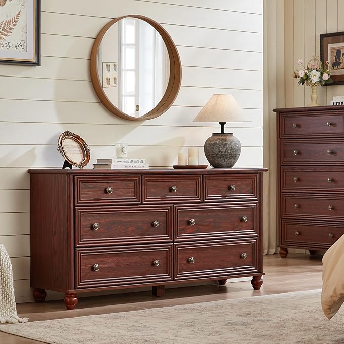 Farmhouse Dressers & Night Stand Set of 4, Wood 54" Wide 7 Drawer Dresser & 45" Tall Chest of Drawers, 18" Roman Column Nightstand Set of 2, Bedroom Furniture Dresser Sets for Home Living Room Hallway