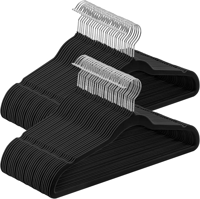 SONGMICS Velvet Hangers 60 Pack, Non-Slip Clothes Hangers with Silver-Colored Swivel Hooks, Slim Space-Saving for Closet, Heavy-Duty, Black UCRF036BZ02S