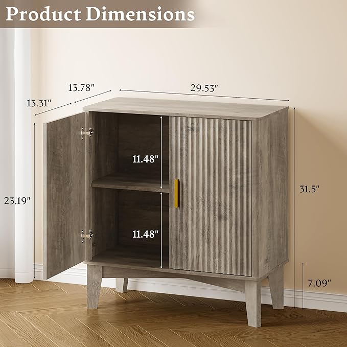 Storage Cabinet with Doors and Adjustable Shelf, Modern Fluted Sideboard Buffet Cabinet, Freestanding Coffee Bar for Kitchen, Pantry, Entryway, Living Room (Weathered Gray)
