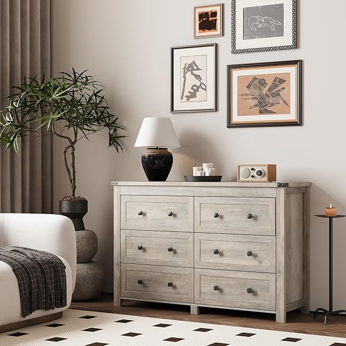 Dresser for Bedroom with 6 Drawers, Farmhouse Wood Chest of Drawers, Wide TV Stand Closet Storage Furniture with Metal Handle, Modern Clothes Organizer for Hallway, Living Room, Entryway, Light Grey