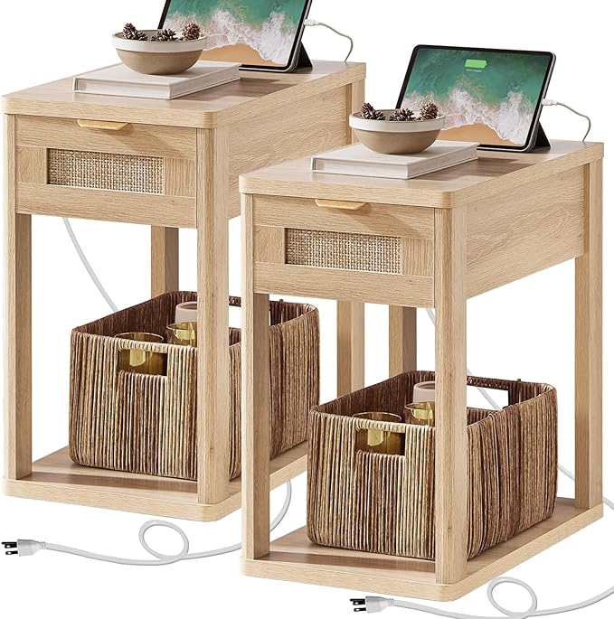 LEYAOYAO Narrow Side Table Set 2, 24x14'' Rattan Night Stand with Charging Station Drawer Storage,Natural Wood Bedside End Table for Small Spaces,Boho Nightstand for Living Room Bedroom