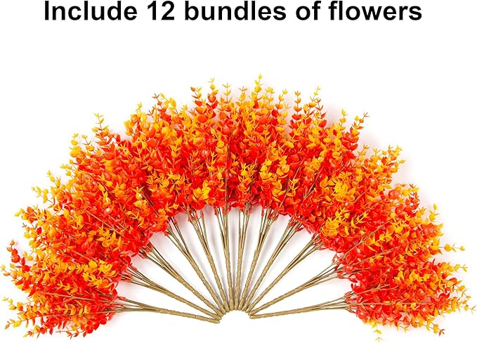 HyeFlora Artificial Fall Flowers Faux Mums for Outdoor Indoor Garden Home Decoration, Faux Flower Daisy with Eucalyptus Leaves Fake Plants Greenery Boxwood Porch Patio, 12 Bundles (Orange Eucalyptus)