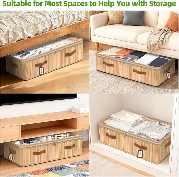 Livole 2 Pack Bamboo Under Bed Storage with Wheels, 6 inches Underbed Storage Containers, 56L XXL Rolling Under Bed Storage Bins with Clear Lid & Label for Clothes, Blankets, Sweater, Shoes