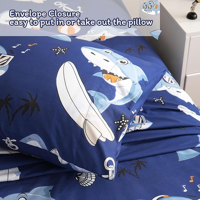 JSD Blue Shark Surfing Kids Sheet Set Full Size, 4 Piece Nautical Printed Microfiber Sheets Deep Pocket
