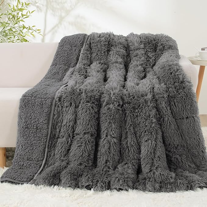 Uttermara Weighted Blanket 20 LBS Queen Size for Adults, Sherpa Fleece Weighted Blanket with Luxury Long Fur, Fluffy Cozy Warm Sherpa Plush Heavy Throw Blankets for Sofa Bed, 60 x 80 inches, Gray