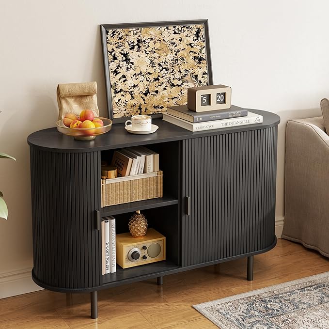 ONBRILL 48" Sideboard Buffet Cabinet with Storage, Storage Cabinet with Sliding Door & Adjustable Shelf, Modern Accent Coffee Bar Console Table for Kitchen, Entryway, Black