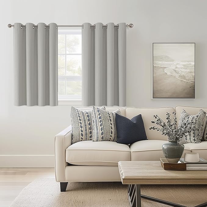 ChrisDowa 100% Blackout Light Grey Solid Curtains 45 Inches Long 2 Panels for Bedroom Living Room,Farmhouse Room Darkening Thermal Insulated Soundproof Grommet Top Window Treatment Drapes,52x45