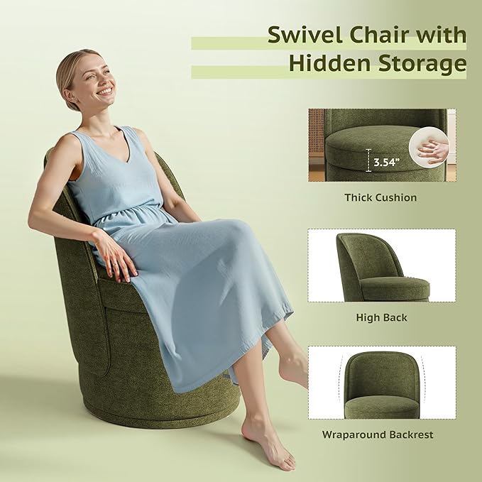 Swivel Accent Chair Set of 2, 360° Swivel Round Chair with Hidden Storage, Vanity Chairs, Modern Small Barrel Armchair for Living Room/Bedroom, Green
