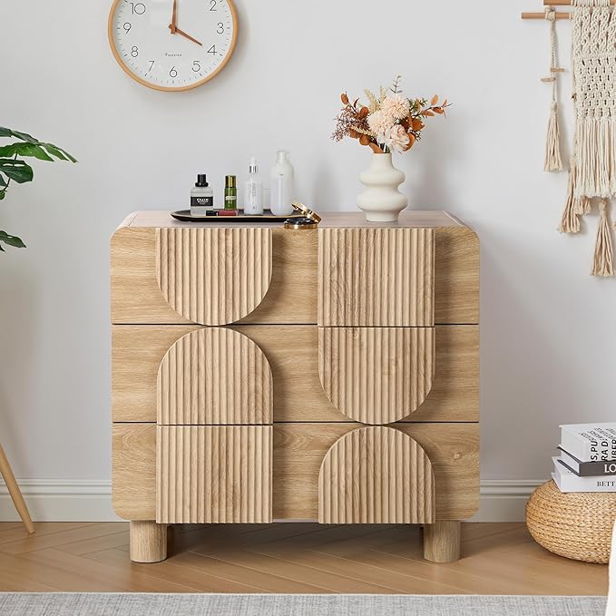 3 Drawer Dressers for Bedroom, 31.5" Wide Large Mid Century Modern Fluted Nightstand, Wood Dresser & Chest of Drawers with Curved Profile for Living Room, Entryway, Hallway, Natural