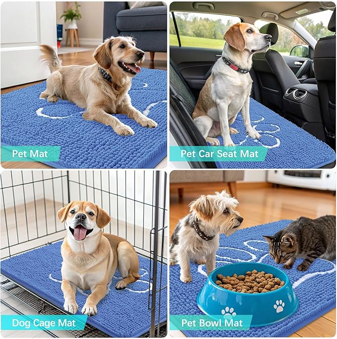 OLANLY Dog Door Mat for Muddy Paws 36x24, Paw Print Design, Absorbs Moisture and Dirt, Absorbent Non-Slip Washable Doormat, Quick Dry Chenille Mud Mat, Entry Indoor Entryway Carpet, Cornflower Blue