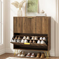 Shoe Cabinet with 2 Flip Drawers Walnut, Fluted Shoe Cabinet Storage for Entryway Slim, Mid Century Narrow Shoe Organizer, Modern Freestanding Shoes Rack for Entryway, Walnut