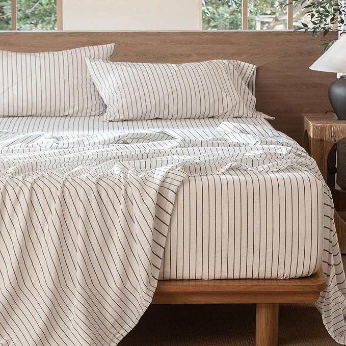 MooMee Striped Sheet Set 100% Washed Cotton Linen Like Textured Breathable Durable Soft Comfy (White Dark Grey Wide Stripes, Full)