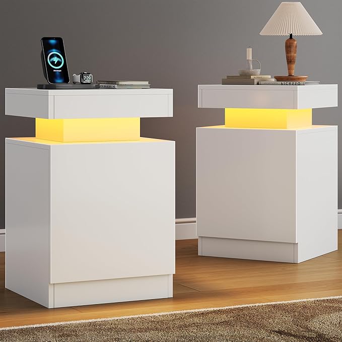 MXV Nightstand Set of 2 with LED Lights,Night Stand with Storage Cabinet for Bedroom,Bedside Table with LED (White, 15IN)