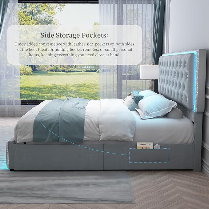 Queen Led Bed Frame with 2 Drawers, Storage Platform Queen Size Upholstered Bed Frames with Crystal Button Tufted Headboard, Solid Slats Support, Noise Free, No Box Spring Needed, Velvet Grey