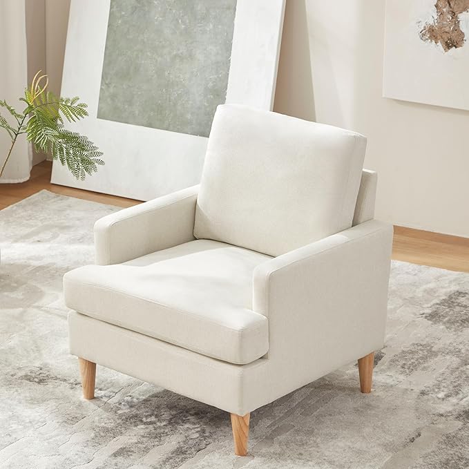 VKNOW Mid-Century Accent Chair, No Tools Assembly Required, Modern Upholstered Polyester Armchair for Living Room,Comfy Reading Accent Chairs with Wood Legs for Bedroom, Beige