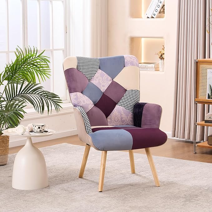 Joysoul Living Room Accent Chair Modern High Back Arm Chair, Houndstooth Pattern Bohemian Style Chairs for Bedroom Waiting Room (Purple Plaid)