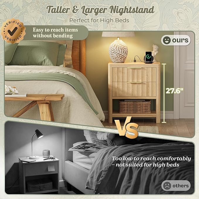 Huuger 27.6 Inch Tall Night Stand with Charger Station, USB-C Port, Fluted Nightstand with 2 Deep Drawers, Larger Wider Bed Side Table with Open Shelf, Bedroom Living Room End Table, Natural