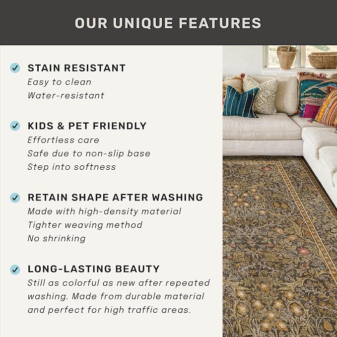 Brown Washable Entry Rug - Front Door Throw Rugs Indoor, Non-Slip Bathroom Small Rugs, Vintage Floral Thin Rug for Kitchen, Boho Earthy Entryway Décor (2x3 Gold Brown)