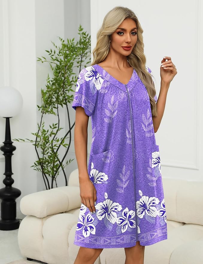 Ekouaer Women Robe Zipper Front Mumu Duster Robes Zip Up Housecoat Soft Sleepwear with Pockets S-3XL