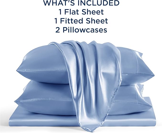 Bedsure Satin Sheets King Size - 4 Piece Silky Bedsheets with 15 Inches Deep Pocket Fitted Bedsheet,1 Flat Sheet, 2 Satin Pillowcases, Good for Hair & Skin (King, Sky Blue)