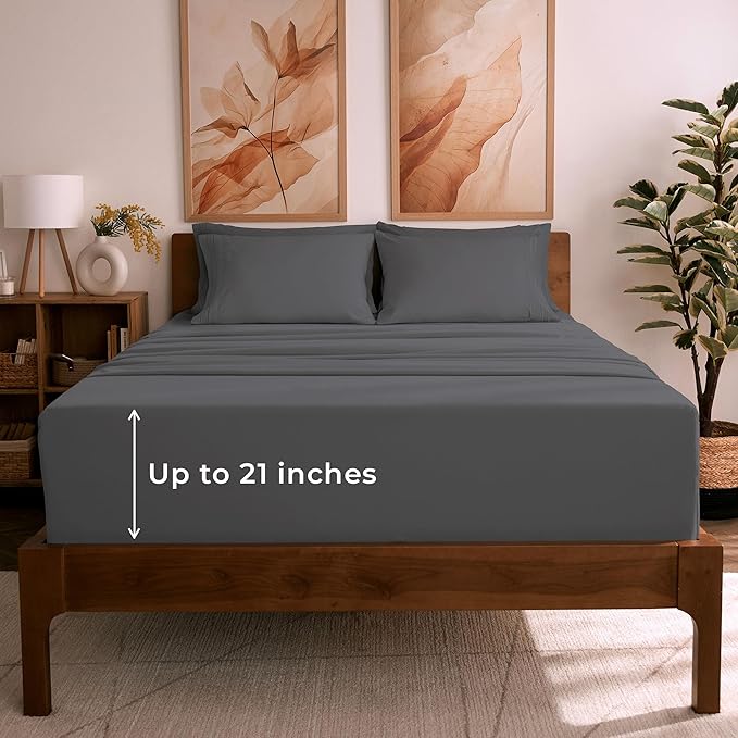 Mellanni King Sheet Set - 6-Piece Iconic Collection Bedding, (Including 4 Pillowcases), 21-Inch Extra Deep Pocket, Easy Care, Ultra Soft, Cooling Sheets, Brushed Microfiber - Gray
