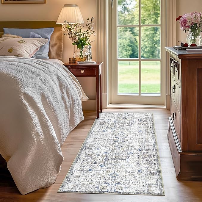 jinchan Kalen Runner Rug 2x5 Washable Hallway Rug Vintage Indoor Thin Retro Floor Cover Distressed Floral Country Lightweight Non Slip Carpet for Entryway Bathroom Kitchen Bedroom Living Room Blue